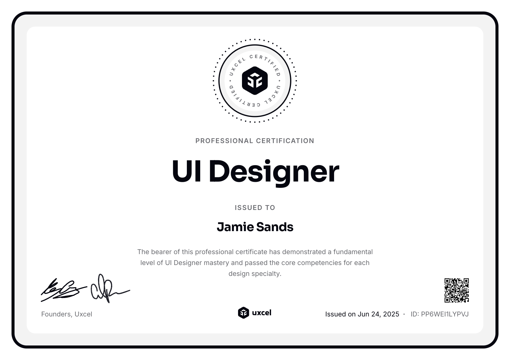Jamie Sands's certificate